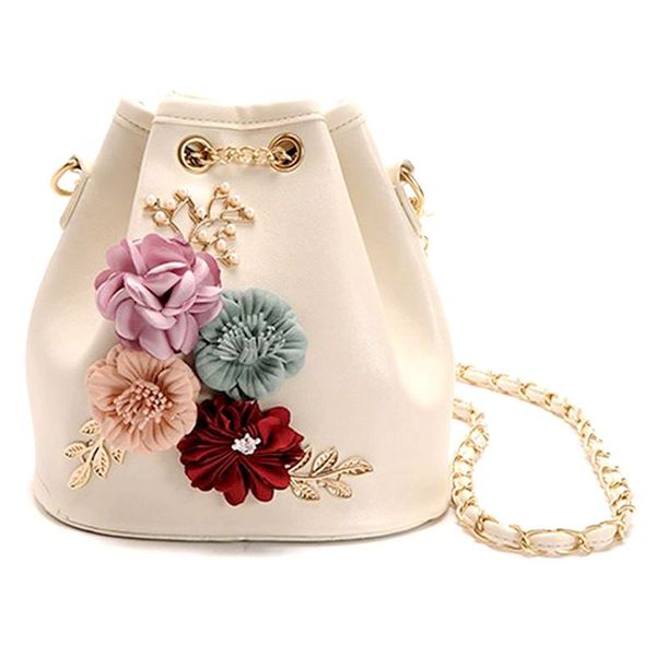fggs handmade flowers bucket bags mini shoulder bags with chain drawstring small cross body pearl leaves decals